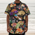 Japanese Hand Fan Pattern Print Textured Short Sleeve Shirt