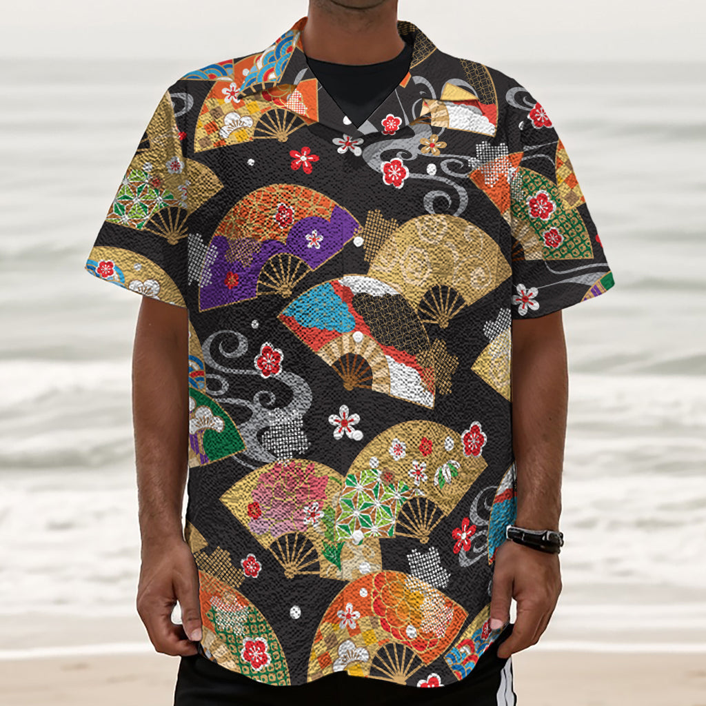 Japanese Hand Fan Pattern Print Textured Short Sleeve Shirt