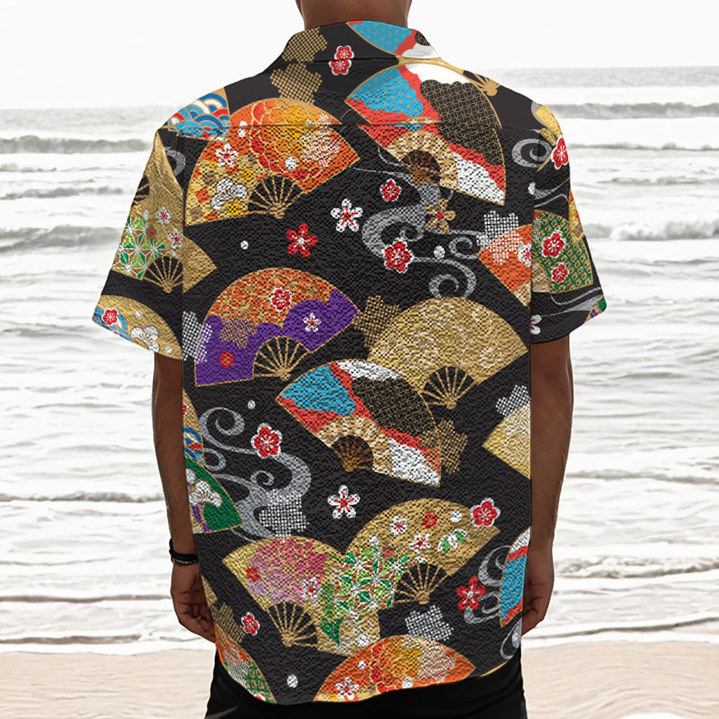 Japanese Hand Fan Pattern Print Textured Short Sleeve Shirt