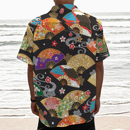 Japanese Hand Fan Pattern Print Textured Short Sleeve Shirt