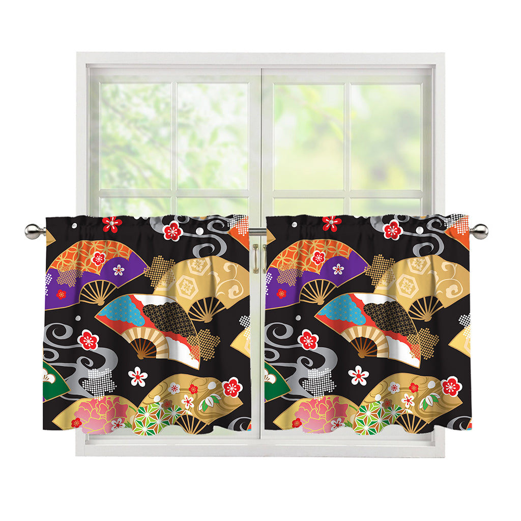 Japanese Hand Fan Pattern Print Tier Curtains