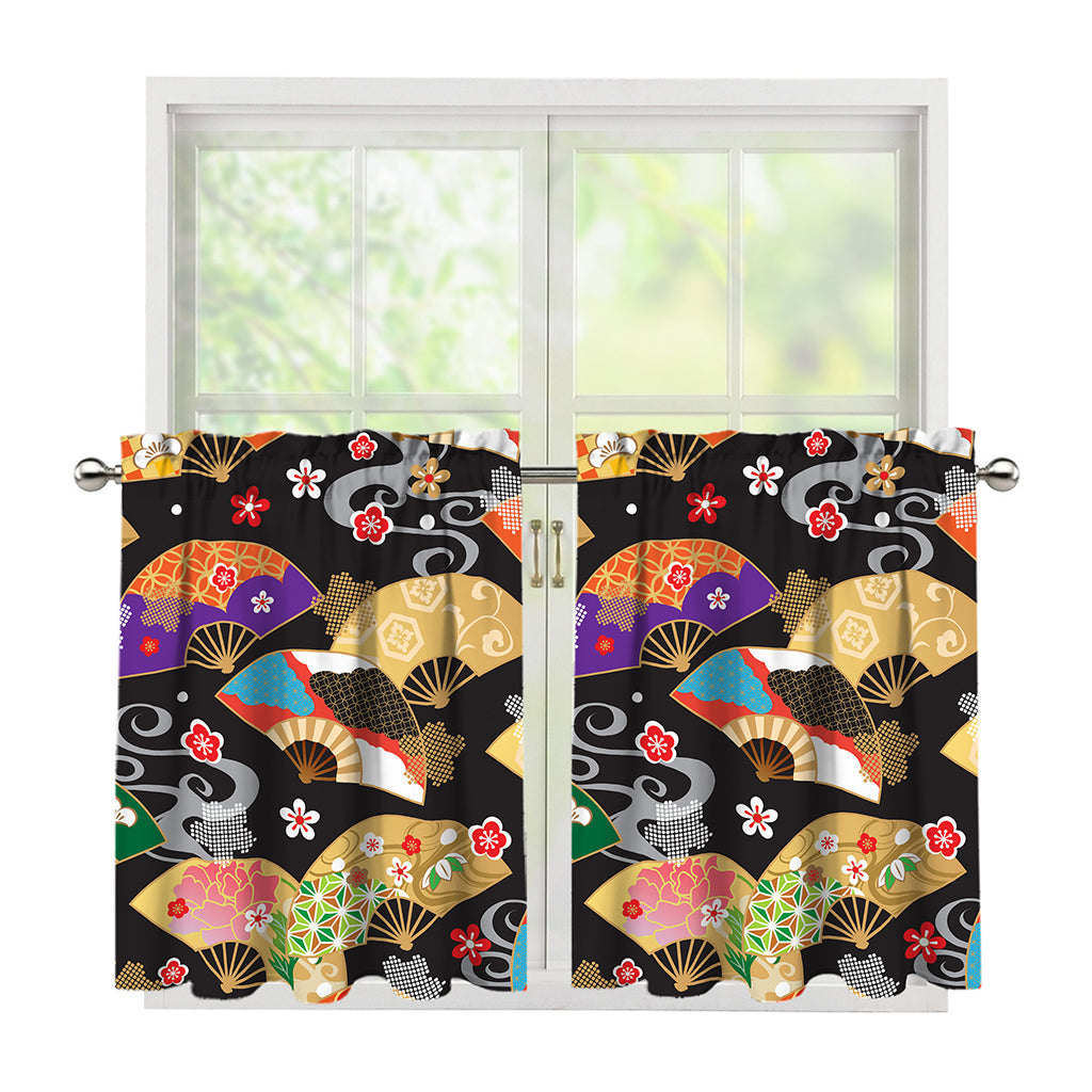 Japanese Hand Fan Pattern Print Tier Curtains