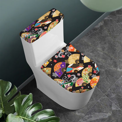 Japanese Hand Fan Pattern Print Toilet Lid And Tank Cover Set