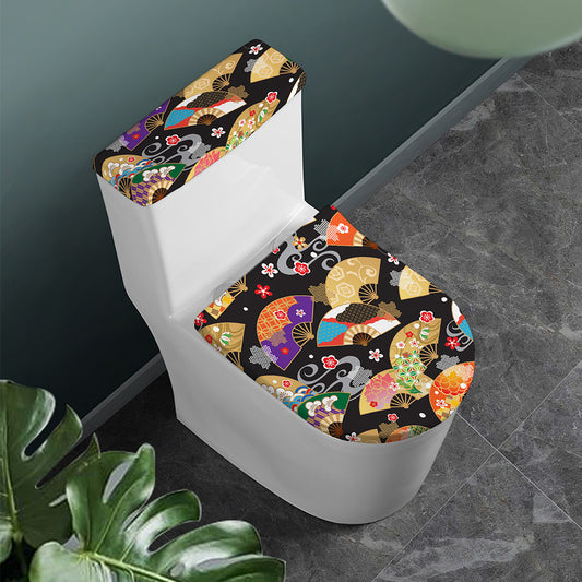 Japanese Hand Fan Pattern Print Toilet Lid And Tank Cover Set