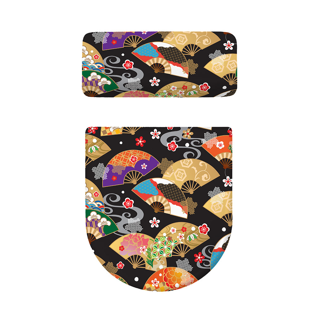 Japanese Hand Fan Pattern Print Toilet Lid And Tank Cover Set