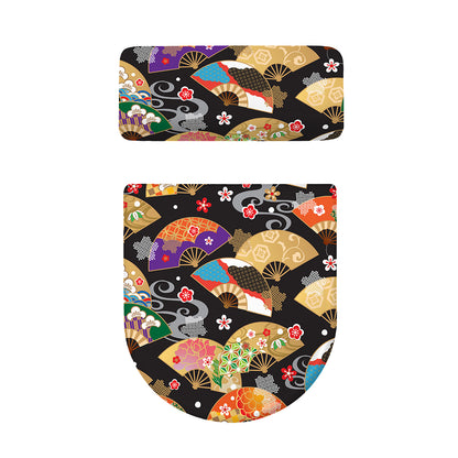 Japanese Hand Fan Pattern Print Toilet Lid And Tank Cover Set