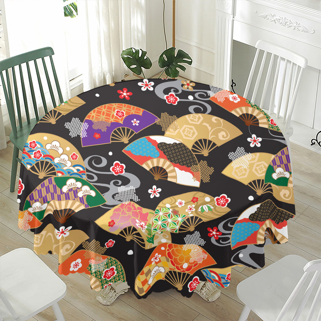 Japanese Hand Fan Pattern Print Waterproof Round Tablecloth