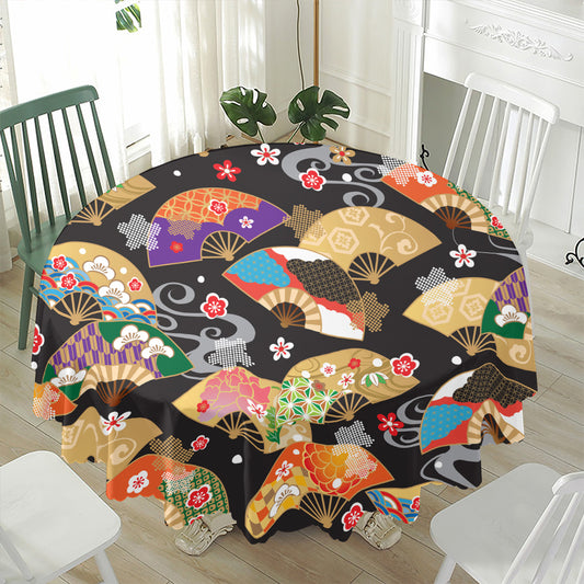 Japanese Hand Fan Pattern Print Waterproof Round Tablecloth