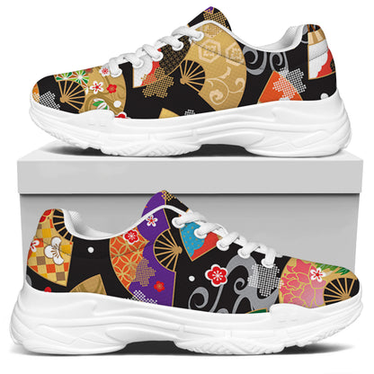 Japanese Hand Fan Pattern Print White Chunky Shoes