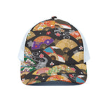 Japanese Hand Fan Pattern Print White Mesh Trucker Cap