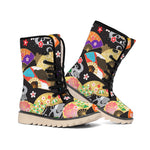 Japanese Hand Fan Pattern Print Winter Boots