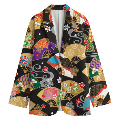 Japanese Hand Fan Pattern Print Women's Blazer