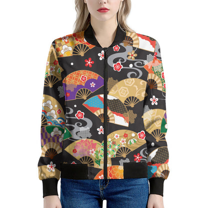 Japanese Hand Fan Pattern Print Women's Bomber Jacket
