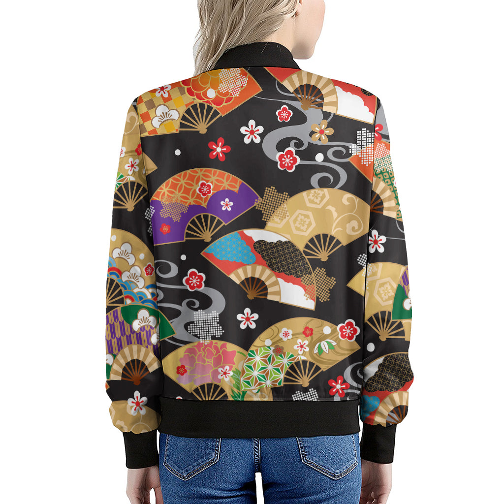 Japanese Hand Fan Pattern Print Women's Bomber Jacket