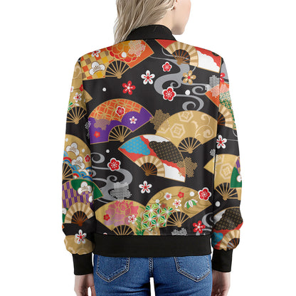 Japanese Hand Fan Pattern Print Women's Bomber Jacket