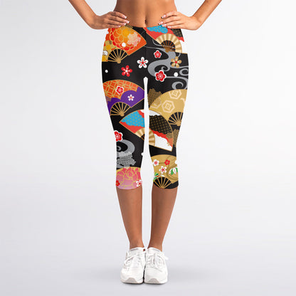 Japanese Hand Fan Pattern Print Women's Capri Leggings