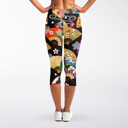 Japanese Hand Fan Pattern Print Women's Capri Leggings