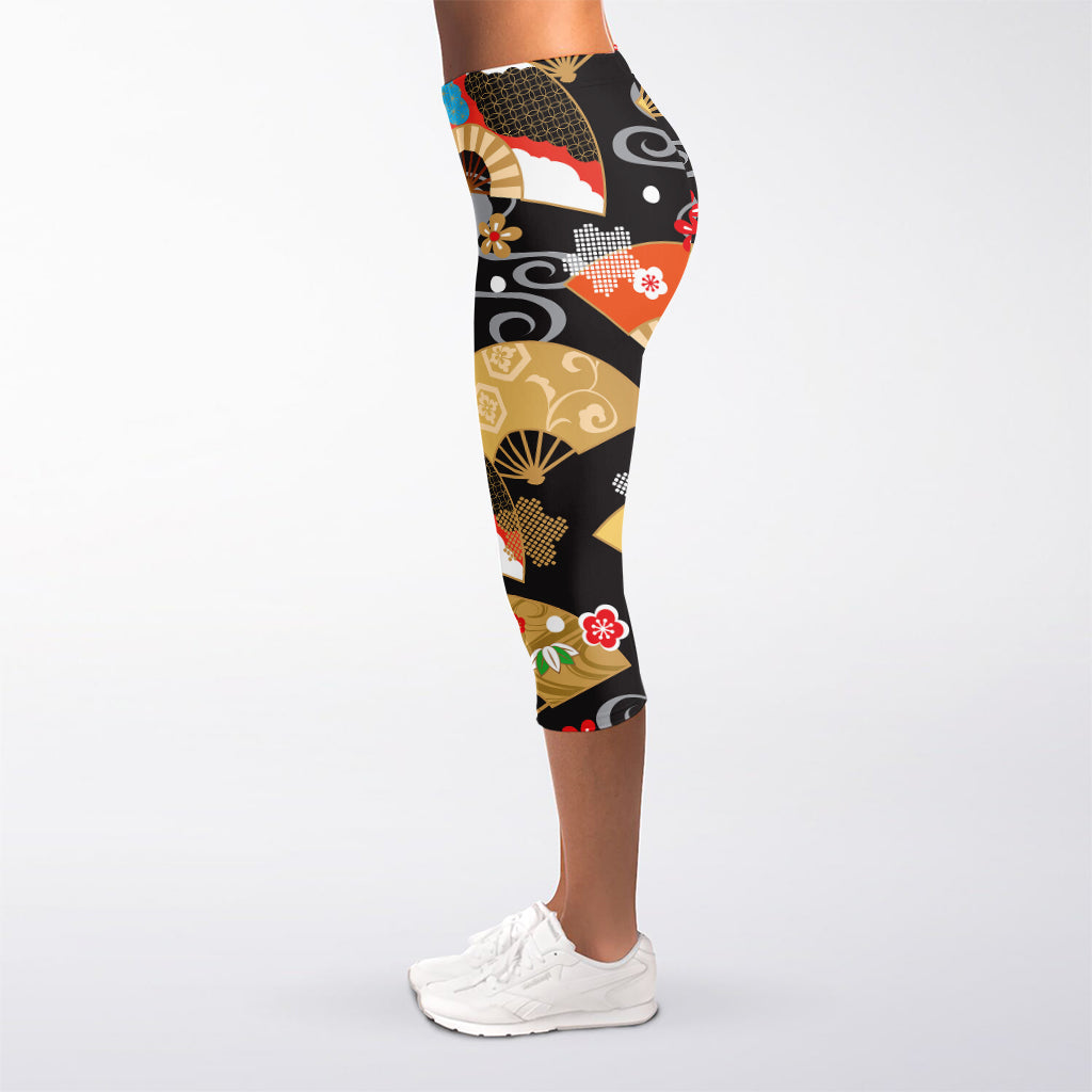 Japanese Hand Fan Pattern Print Women's Capri Leggings