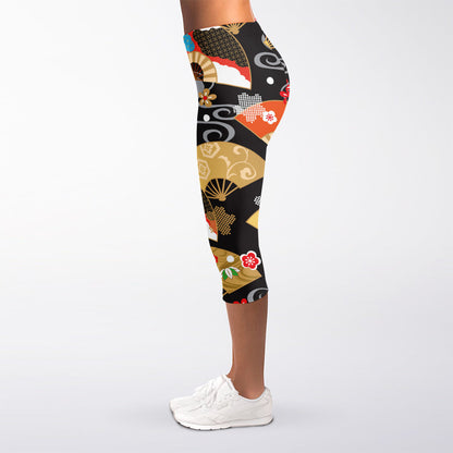 Japanese Hand Fan Pattern Print Women's Capri Leggings