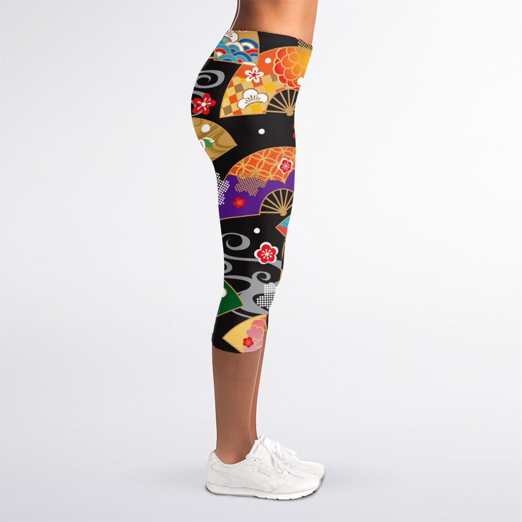 Japanese Hand Fan Pattern Print Women's Capri Leggings