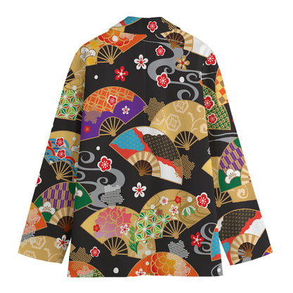 Japanese Hand Fan Pattern Print Women's Cotton Blazer