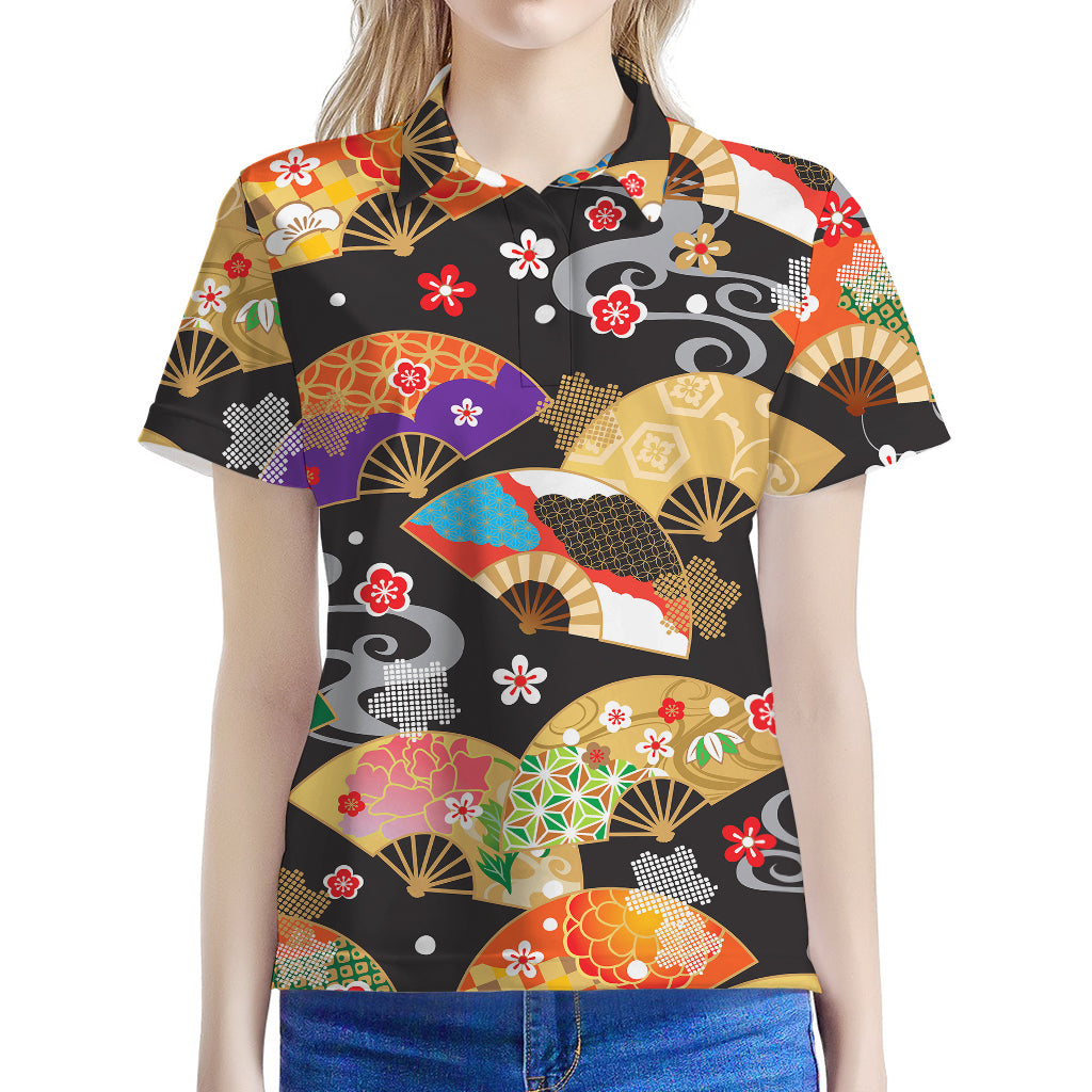 Japanese Hand Fan Pattern Print Women's Polo Shirt