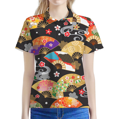 Japanese Hand Fan Pattern Print Women's Polo Shirt