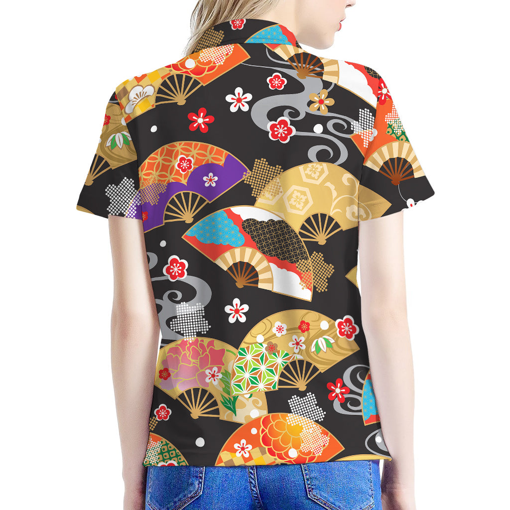 Japanese Hand Fan Pattern Print Women's Polo Shirt