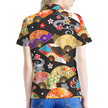 Japanese Hand Fan Pattern Print Women's Polo Shirt