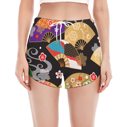 Japanese Hand Fan Pattern Print Women's Split Running Shorts