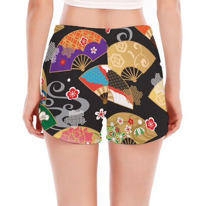 Japanese Hand Fan Pattern Print Women's Split Running Shorts