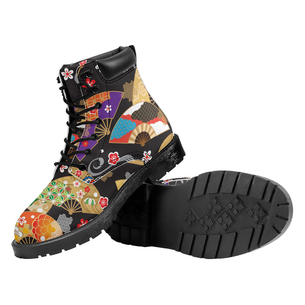 Japanese Hand Fan Pattern Print Work Boots