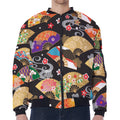 Japanese Hand Fan Pattern Print Zip Sleeve Bomber Jacket