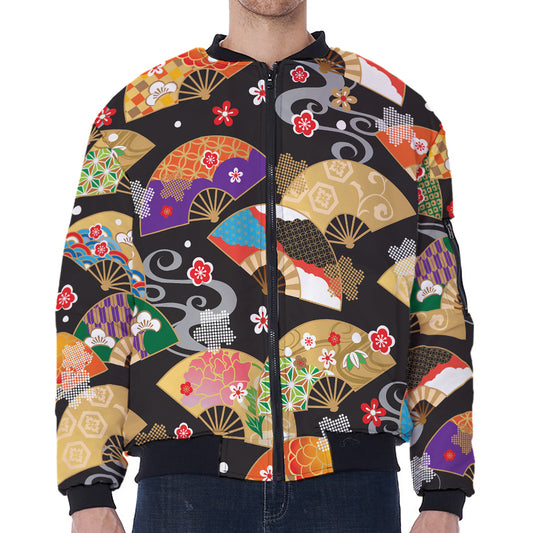 Japanese Hand Fan Pattern Print Zip Sleeve Bomber Jacket