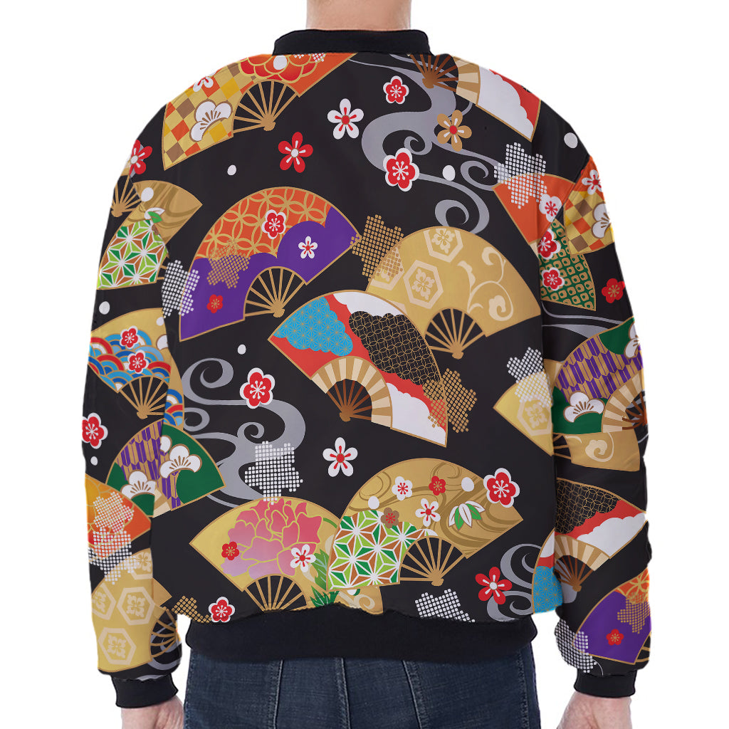 Japanese Hand Fan Pattern Print Zip Sleeve Bomber Jacket