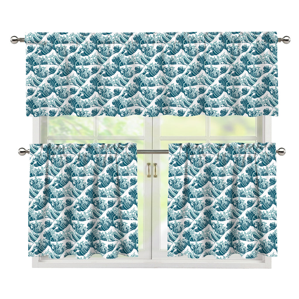 Japanese Kanagawa Wave Pattern Print 3 Piece Kitchen Curtains