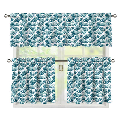 Japanese Kanagawa Wave Pattern Print 3 Piece Kitchen Curtains