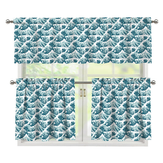 Japanese Kanagawa Wave Pattern Print 3 Piece Kitchen Curtains