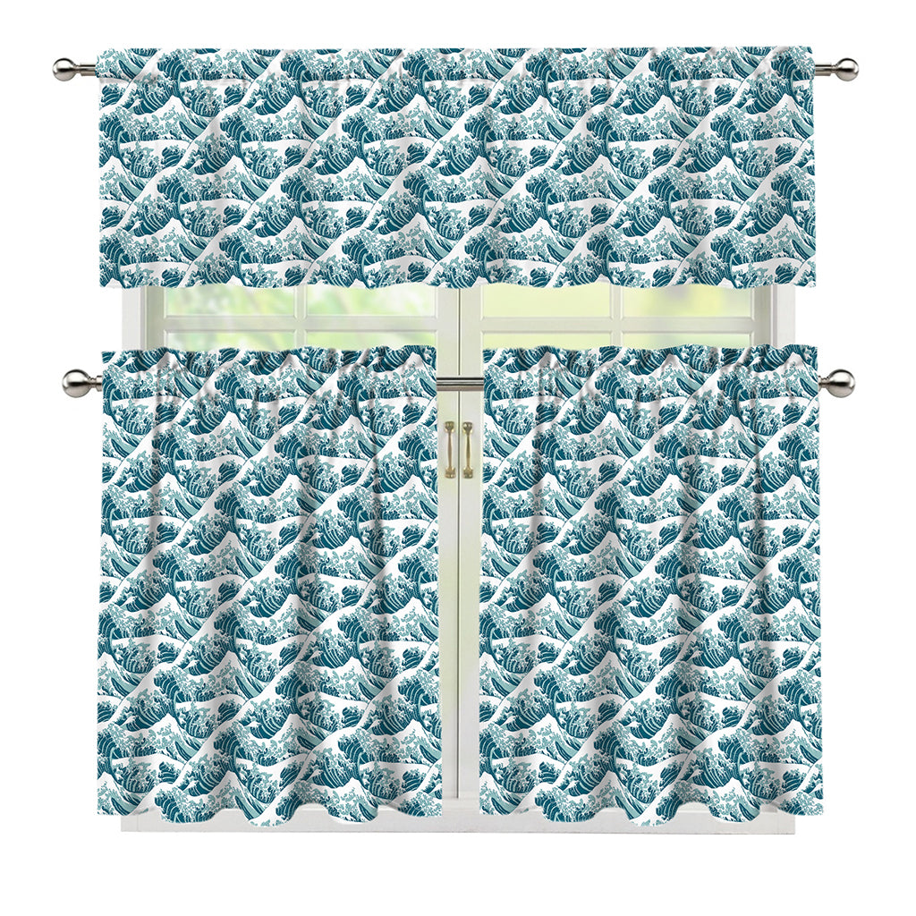 Japanese Kanagawa Wave Pattern Print 3 Piece Kitchen Curtains