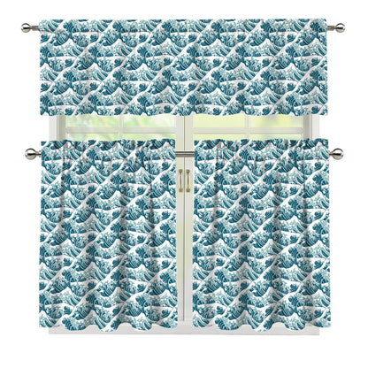 Japanese Kanagawa Wave Pattern Print 3 Piece Kitchen Curtains