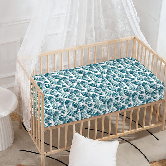 Japanese Kanagawa Wave Pattern Print Baby Crib Sheet