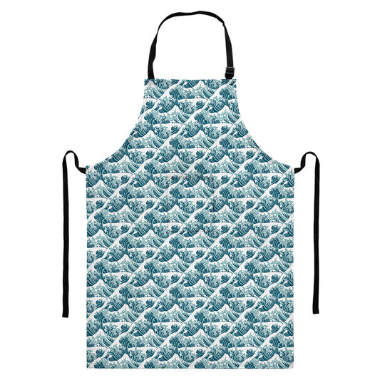 Japanese Kanagawa Wave Pattern Print Bib Apron With Pocket
