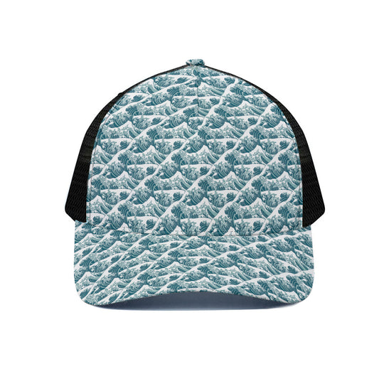 Japanese Kanagawa Wave Pattern Print Black Mesh Trucker Cap