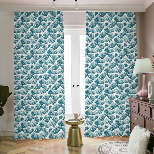 Japanese Kanagawa Wave Pattern Print Blackout Pencil Pleat Curtains