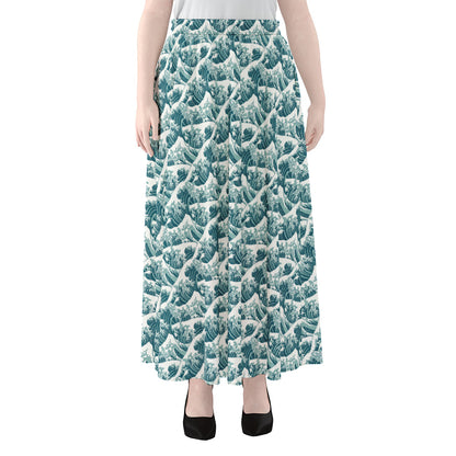Japanese Kanagawa Wave Pattern Print Chiffon Maxi Skirt