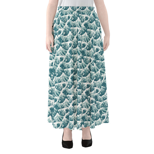 Japanese Kanagawa Wave Pattern Print Chiffon Maxi Skirt