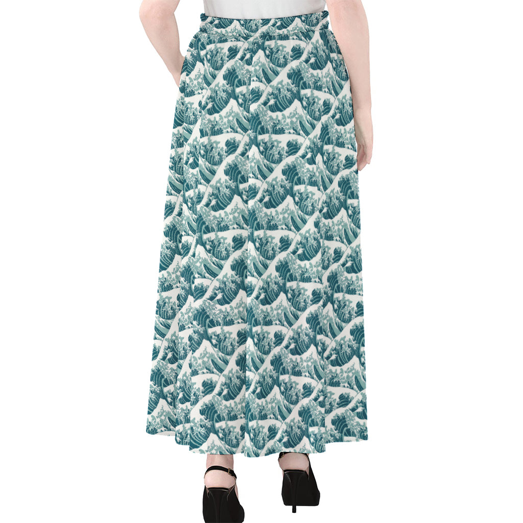 Japanese Kanagawa Wave Pattern Print Chiffon Maxi Skirt