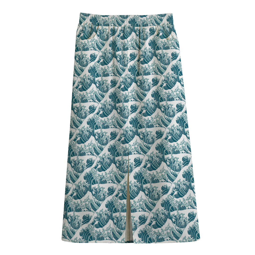 Japanese Kanagawa Wave Pattern Print Cotton Front Slit Maxi Skirt