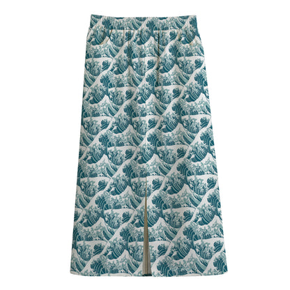 Japanese Kanagawa Wave Pattern Print Cotton Front Slit Maxi Skirt