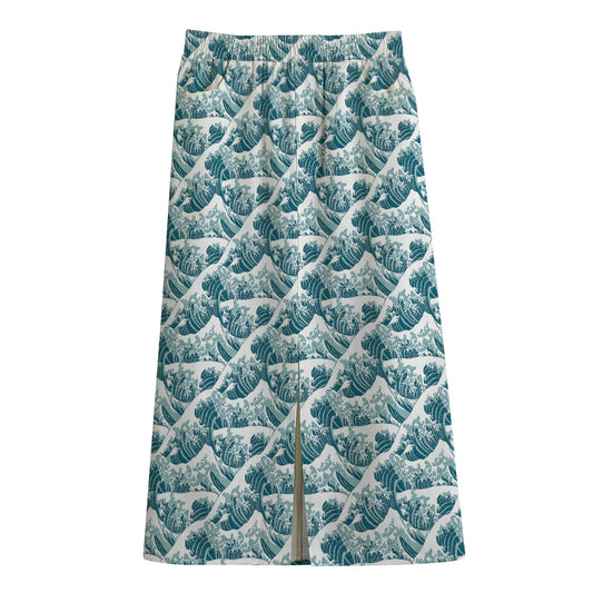 Japanese Kanagawa Wave Pattern Print Cotton Front Slit Maxi Skirt